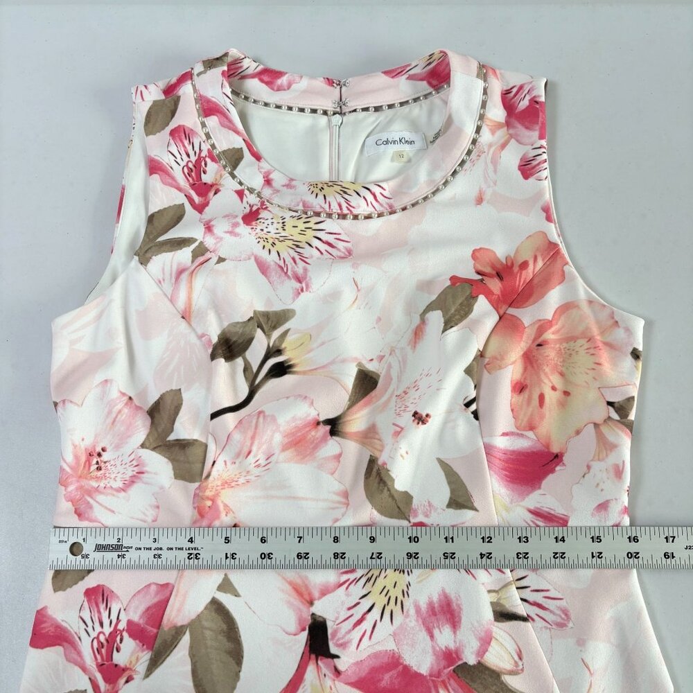 Calvin Klein Sheath Dress Women 12 Pink Floral Pearl Accent Neckline Sleeveless - Picture 10 of 12